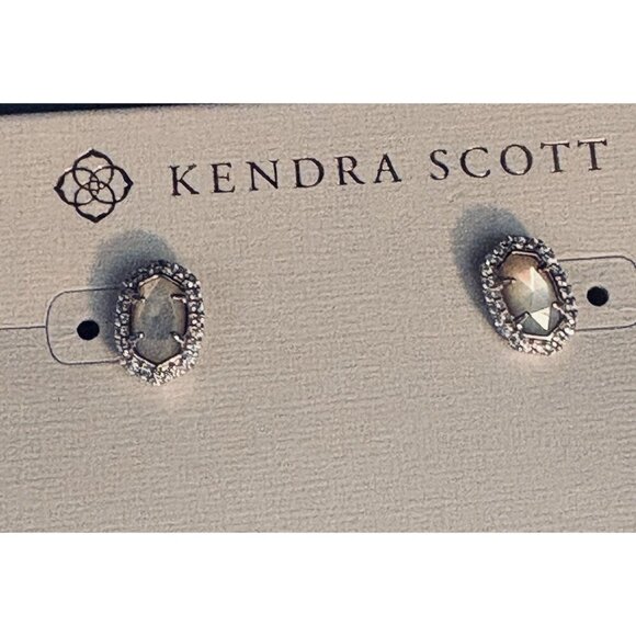 Kendra Scott Rhodium Brass Oval Silhouette Mother Of Pearl Cz Stud Earrings - Picture 4 of 8